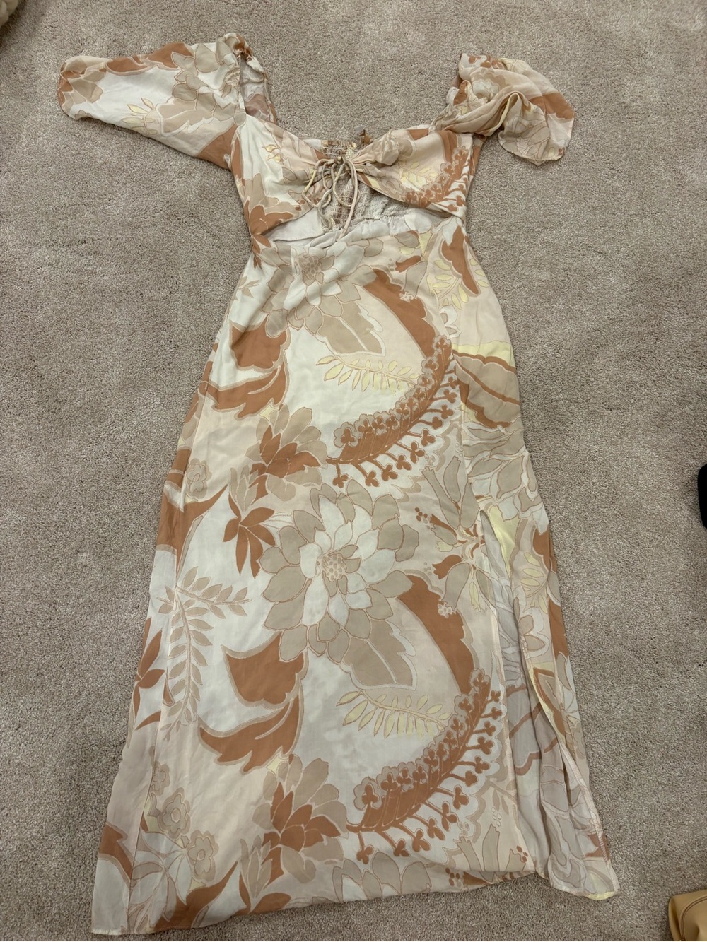 Olivaceous Cream and Tan Floral Tie-Front Maxi Dress